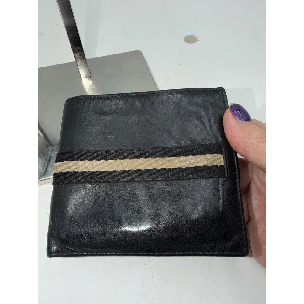 Bally Mens Black Leather Trainspotting Bifold Wallet with Coin Pocket Stripe